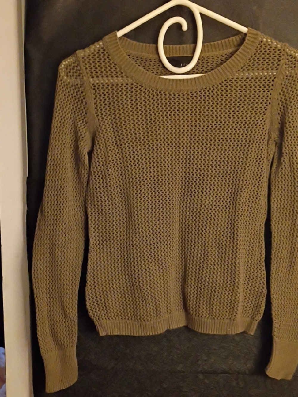 Attention Olive Open-Weave Cotton Blend Crewneck Sweater